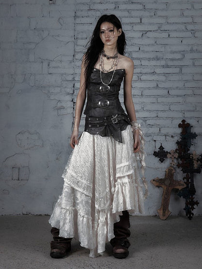 PU Lace Tiered Corset Hem Asymmetrical Convertible Dress/Skirt: Brown with White Strapless 2-in-1 Studded