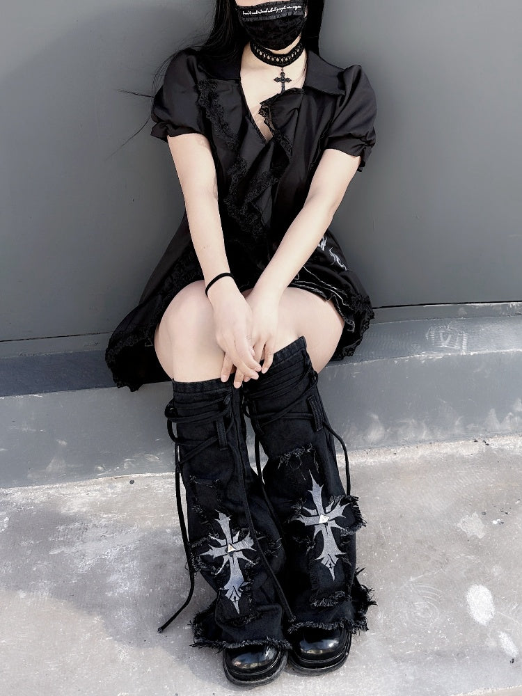with Raw Hem Detail Lace-up Glamorous Leg Warmers Y2K Black Denim Cross Applique