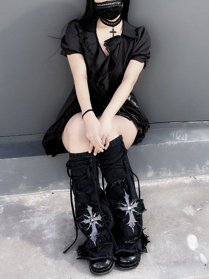 with Raw Hem Detail Lace-up Glamorous Leg Warmers Y2K Black Denim Cross Applique