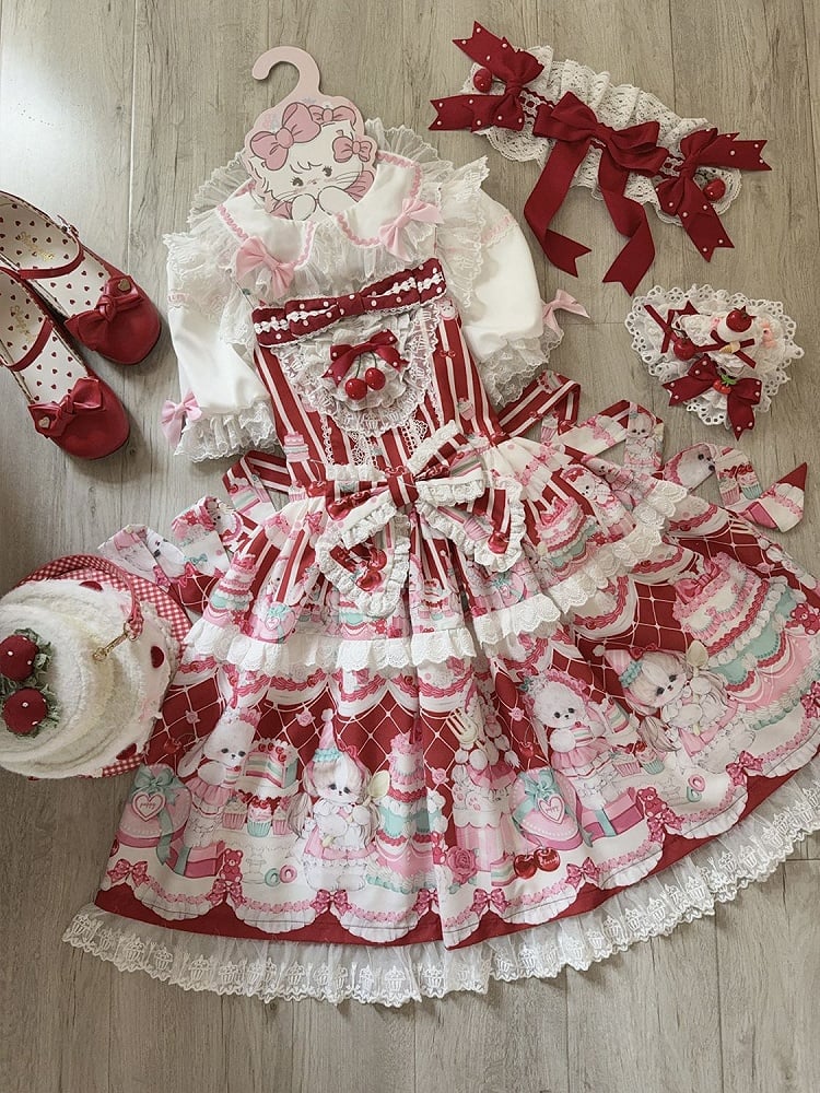 Crimson Bunny Cherry Print Sweet Lolita Jumper Dress - Miss Han