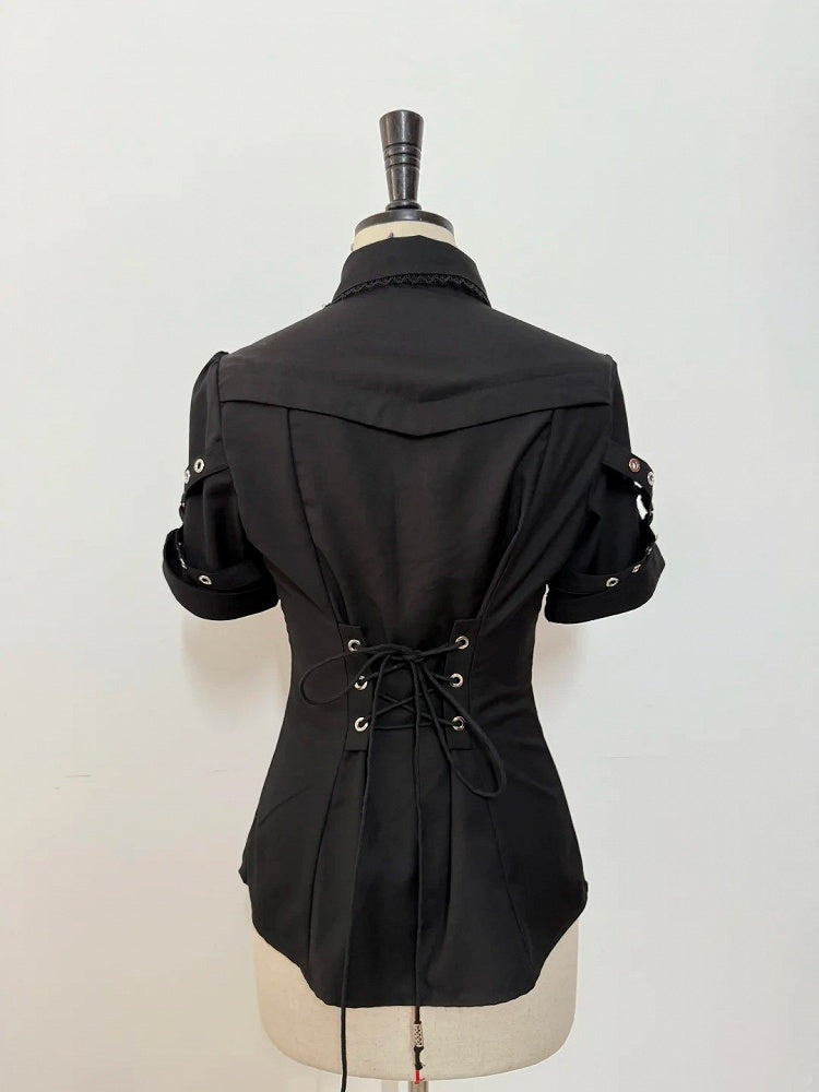 レースアップネックラインシャツ ロリータスリーブ ファッション ショート ブラック 王子