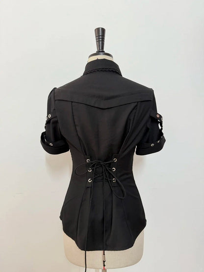 レースアップネックラインシャツ ロリータスリーブ ファッション ショート ブラック 王子