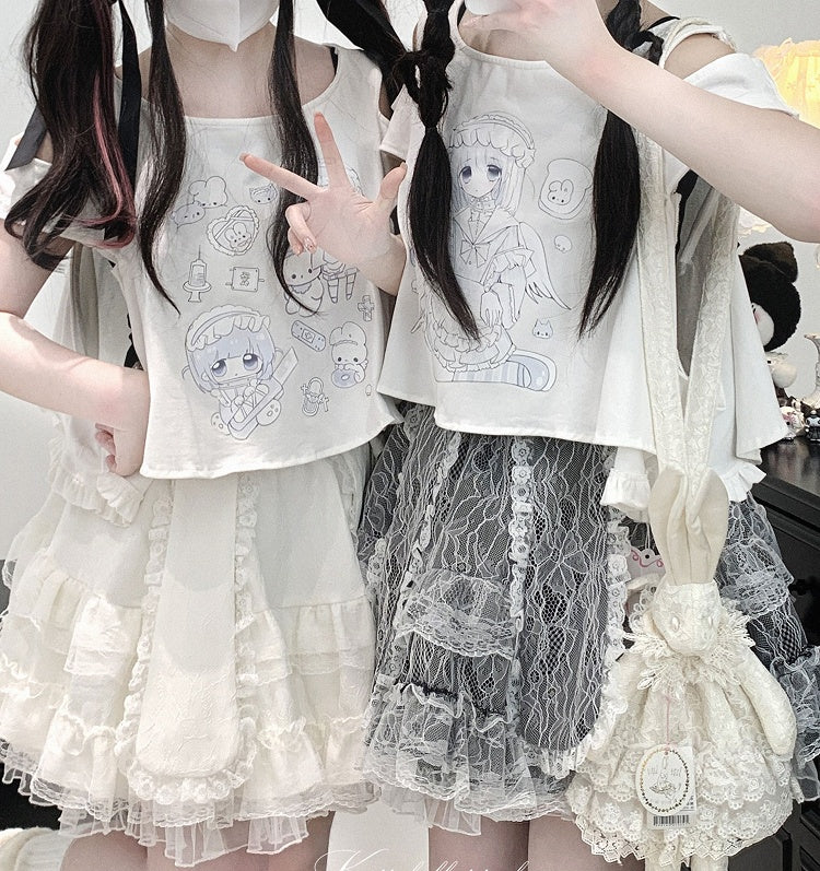 Jirai Kei Lace Double-Layered Bunny Ears Design Black/White/Pink