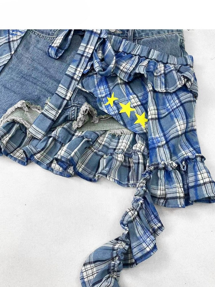 Stulpen + Shorts mit blauem Aufdruck am Saum, glamouröses Muster, bittersüßes asymmetrisches Stern-Set – karierter Applikationsrock, Beinkreuz