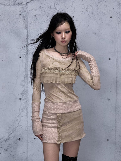 Detachable Sleeve Polka-dot Punk Vintage with Scarf Pattern Top Apricot Long