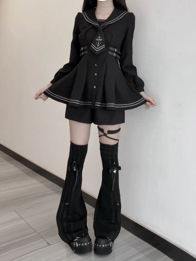 Sailor Collar Dress Set with Shorts and Tie - Ekomi