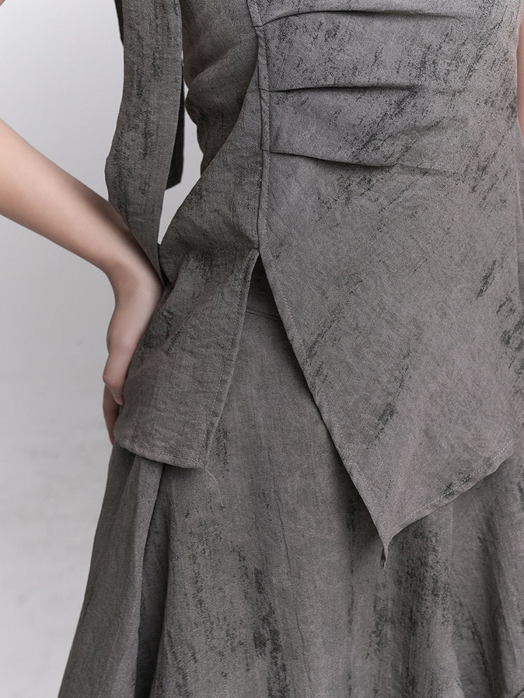 Gray Splatter Punk Matching Layered with Asymmetric Wasteland Neck Ruching Strap Bustier