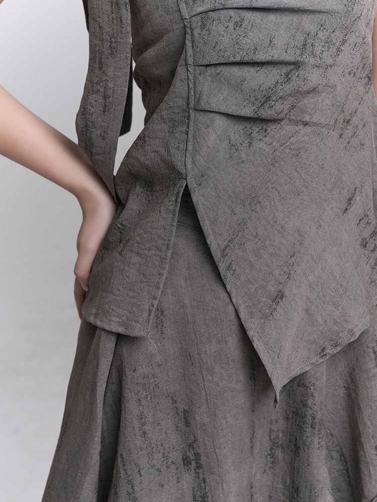 Gray Wasteland Punk Splatter with Ankle-Length Asymmetric Skirt Pattern Ruffle