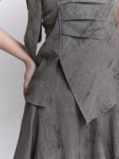 Gray Wasteland Punk Splatter with Ankle-Length Asymmetric Skirt Pattern Ruffle