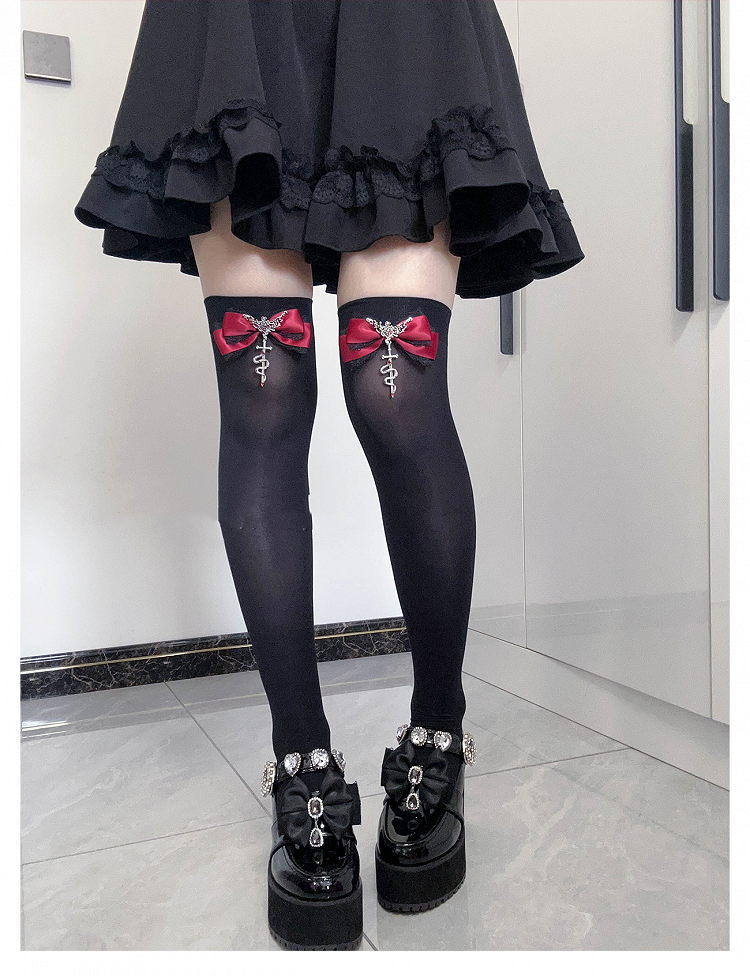 Accents Gothic Over Jirai Red Stockings Bowknot Version Metal Snake Kei Regular/Long Knee