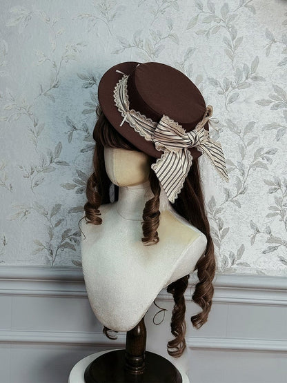 and Gray/Brown Hat Bow Lace with Detail Striped Lolita