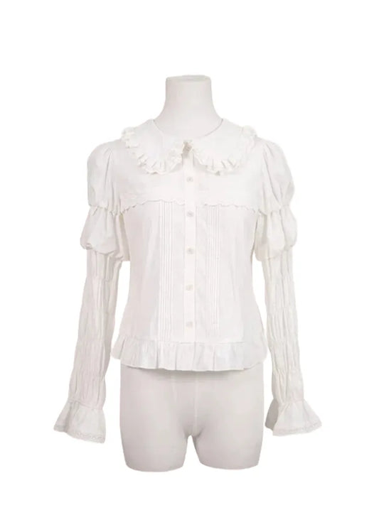 袖付きホワイトロングパンピーターシャツカラー