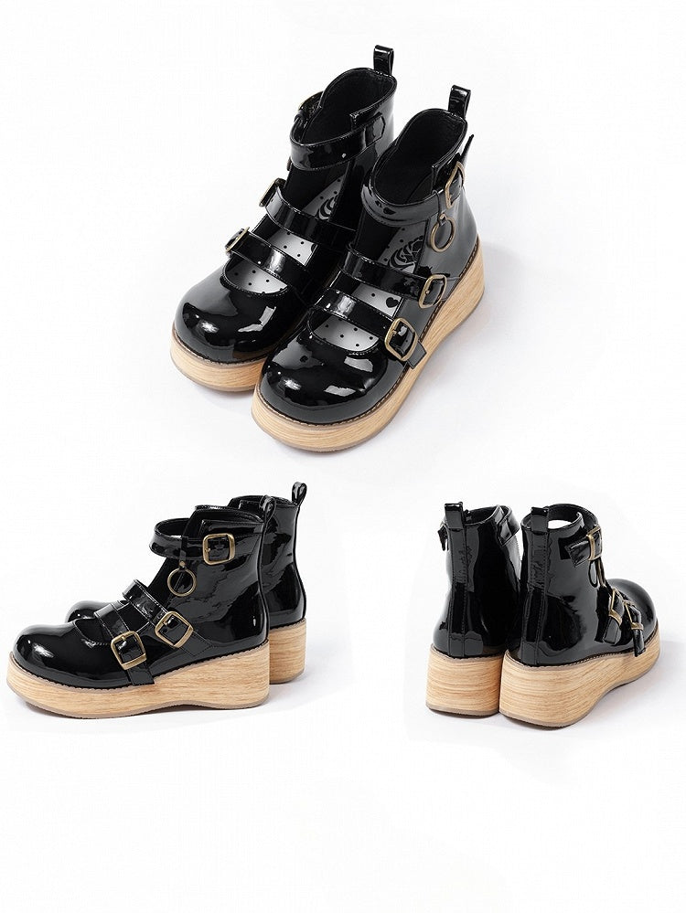 Straps Toe with Polished cm Ankle Sole Round Platform Black Buckle Vintage 3 Wedge Boots 3–5