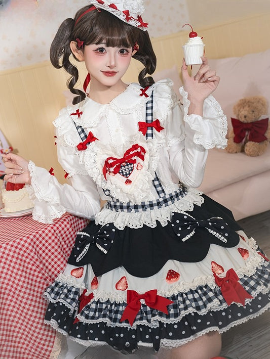 and White Applique Bows Sweet Overall Strawberry Print Lolita Dress with Sweetheart Black