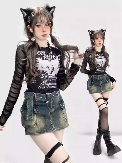 Y2K Schwarzes, halbtransparentes Top mit Rundhalsausschnitt und Rüschenärmeln, glamouröses Grafik-Top