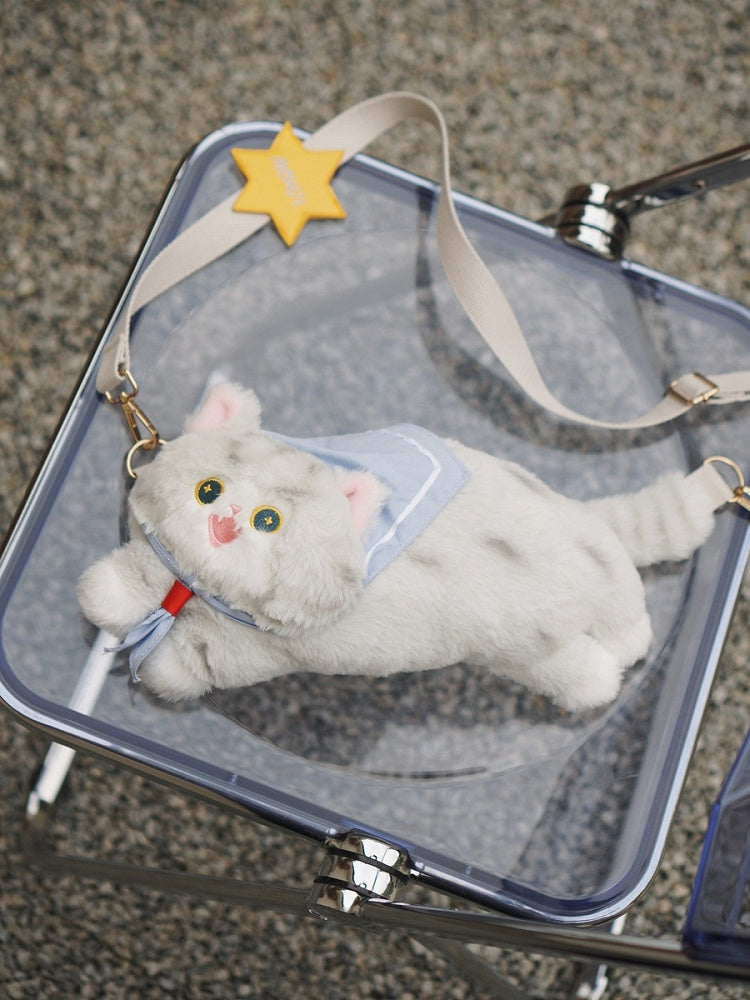 グレーのキュートな猫型ぬいぐるみクロスボディバッグ