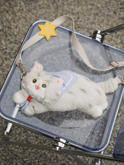 グレーのキュートな猫型ぬいぐるみクロスボディバッグ