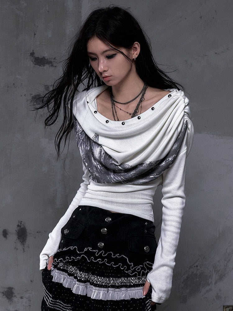 Studded Hoodie Neck Beige Punk Wing Off-Shoulder Wasteland Cowl Convertible with Design Print
