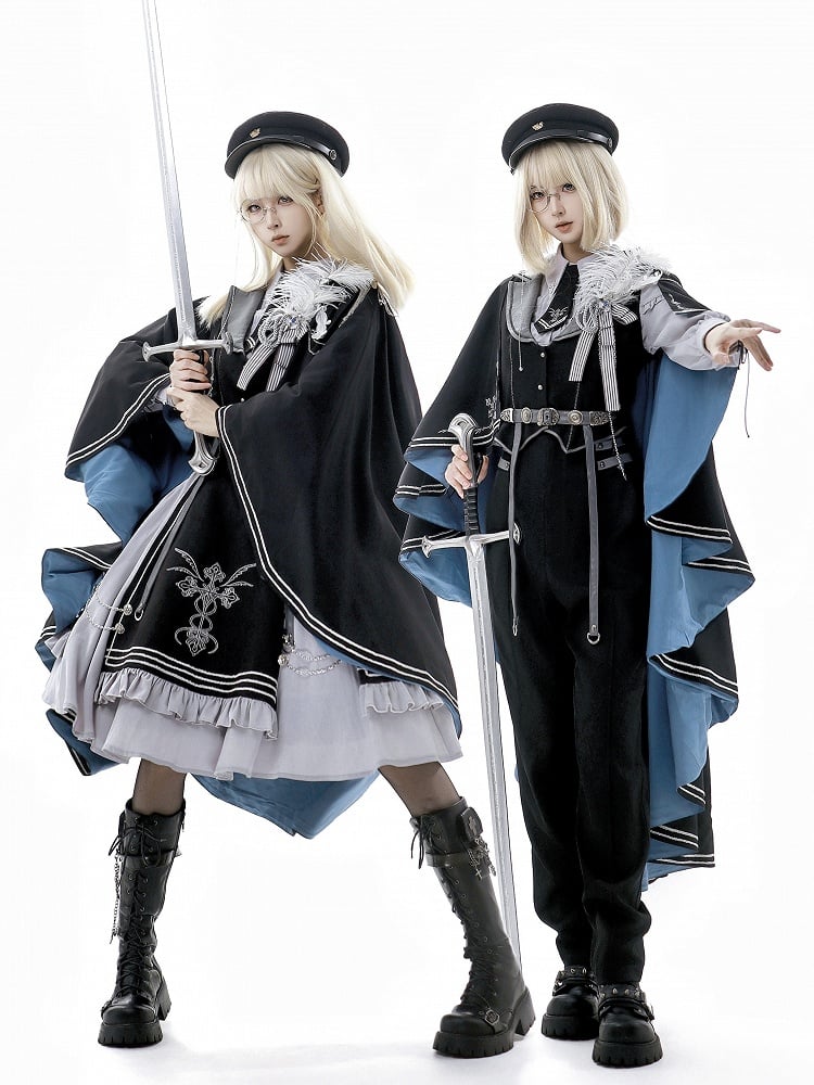 Militärweste, schwarze Hose, Ärmel, Hemd, grau + Lolita-Prinz-Outfit, lang, modisch, Ouji, Taille hoch und