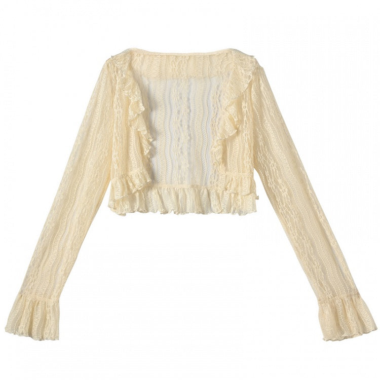 Beiges Spitzentop mit Rüschenbesatz und offener Knopfleiste