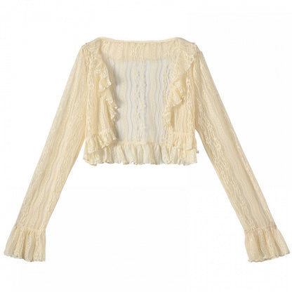 Beiges Spitzentop mit Rüschenbesatz und offener Knopfleiste