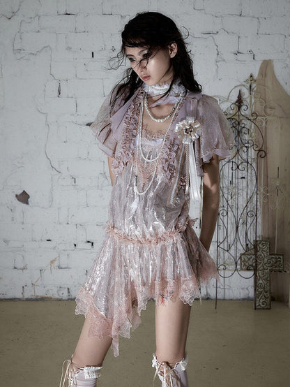 Dusty Pink Chiffon Cropped Top with Lace & Ruffle Trim - Romantic Punk Style