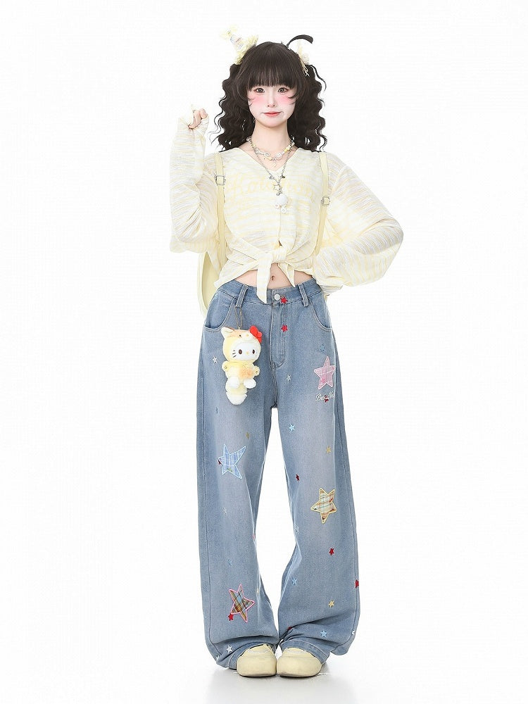 Yellow Striped V-Neck Long-Sleeve Top with Animal Print - Languid Park