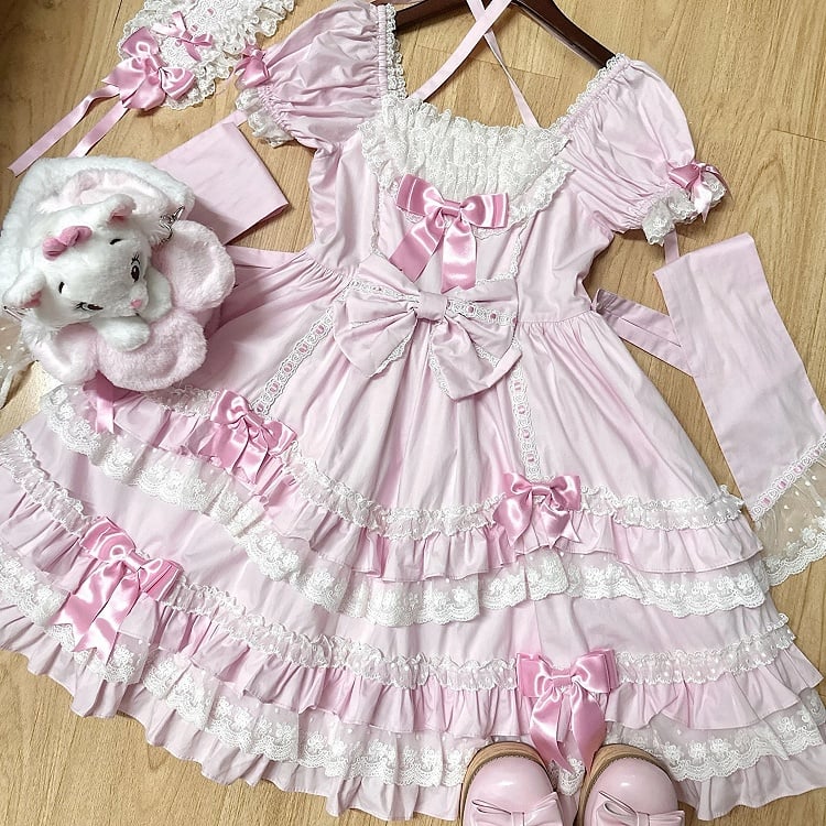 Rosa kurzes Schleifenkleid Old Lolita Accents Puff School mit Ärmeln