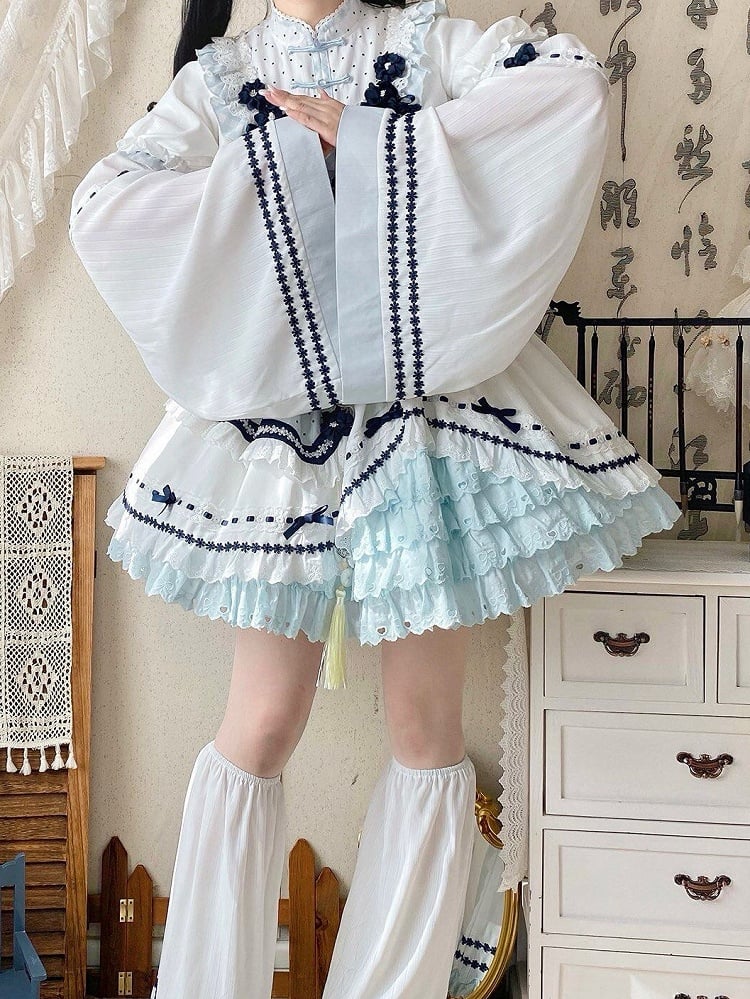 Flower Detachable Sleeves Bell White Accents Lolita Blue with