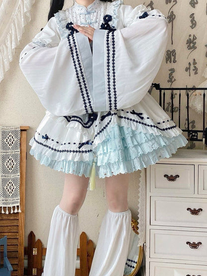 Flower Detachable Sleeves Bell White Accents Lolita Blue with