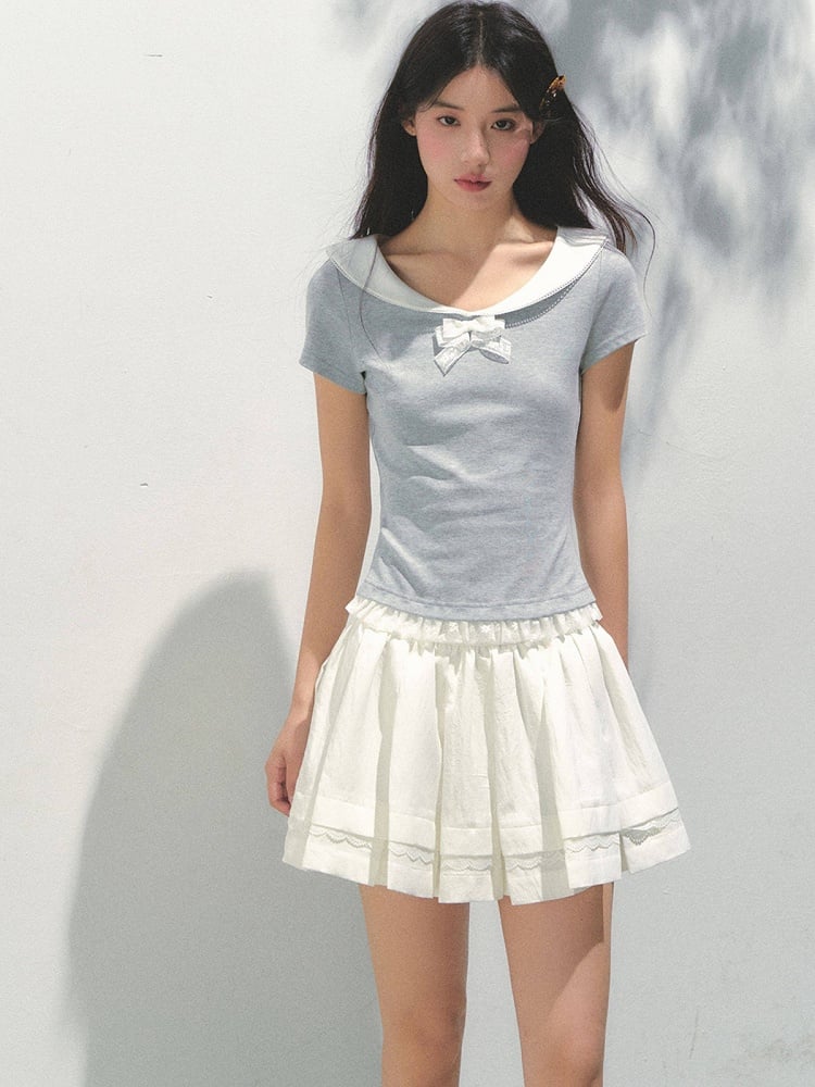White and Skirt Kawaii Ruffled Pleats Details with Lace