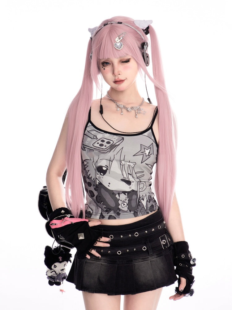 ストラップミニプリーツデニムスカートウエストスタッズバックルブラックロー