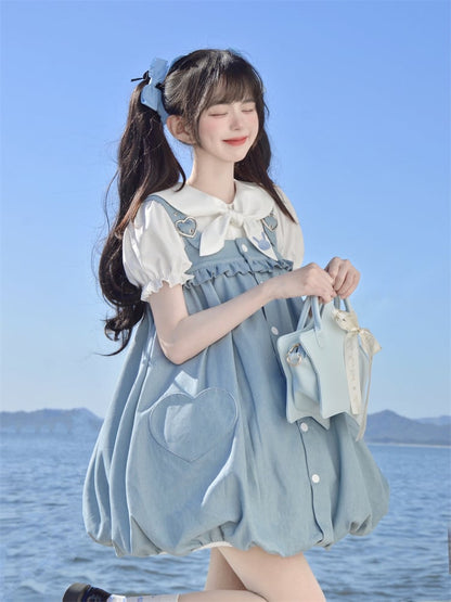 Blue Heart Buckle and Pocket Bunny Tail Detail  Bubble Skirt Overalls