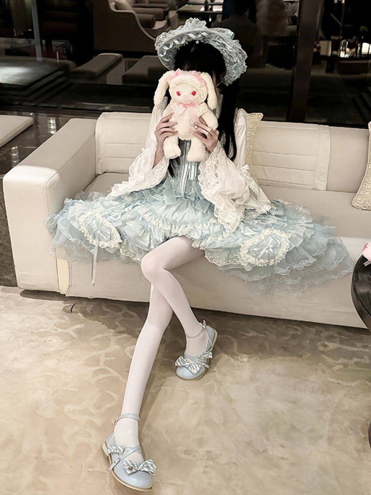 JSK with Dress Accents Multi-Layered Lace Blue Lolita Bow Princess Ruffle Sweet