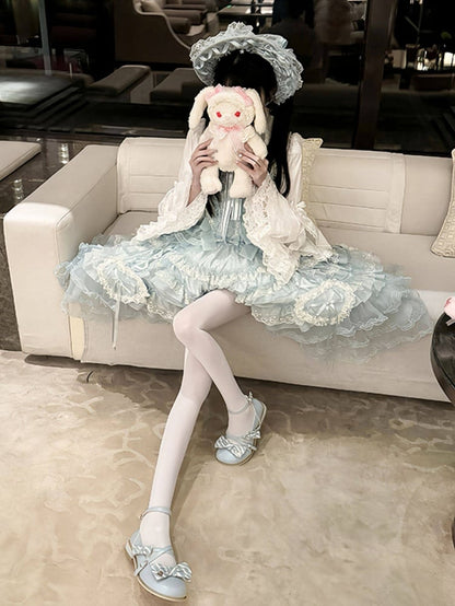 JSK with Dress Accents Multi-Layered Lace Blue Lolita Bow Princess Ruffle Sweet