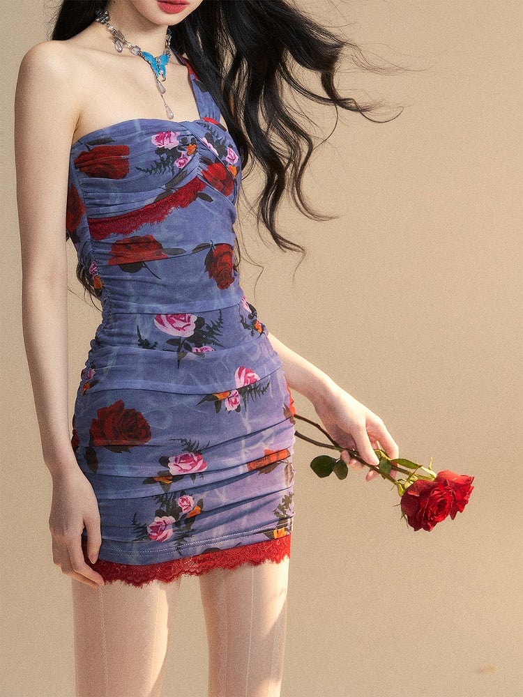 Monets geheimer Garten Mini-Blumenkleid ohne Ärmel Muster Glamorous Blue