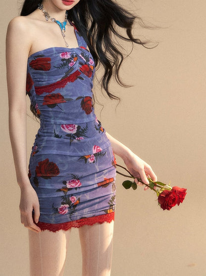 Monets geheimer Garten Mini-Blumenkleid ohne Ärmel Muster Glamorous Blue