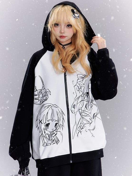 Schwarz-weißer Kapuzenpullover mit Farbblock-Reißverschluss und Manga-Mädchen-Print