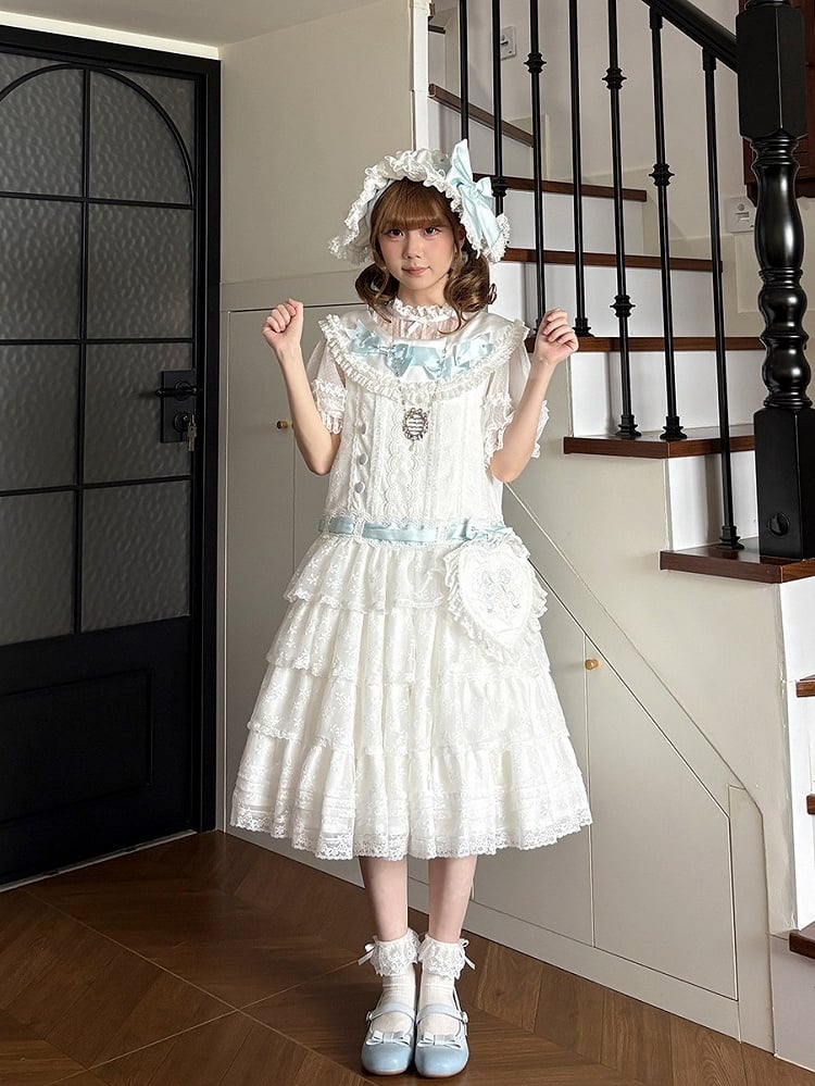 Classic Elegant White Lolita JSK Lace Gown with Heart Waist Pouch - Miss Cube Dressworks