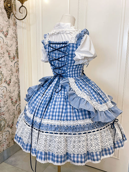 オールドスクールブルードレス、ギンガムロリータジャンパー、ホワイトスカート
