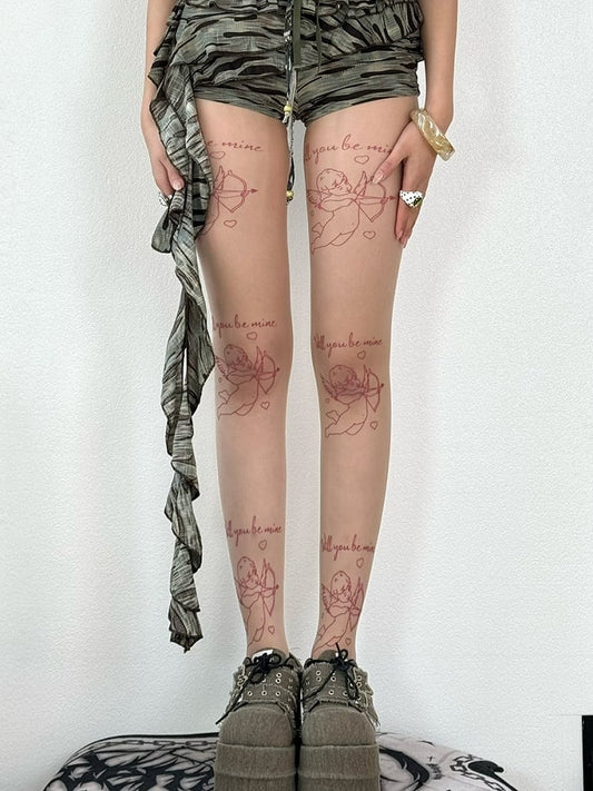 Nude Letter Print Tights And Cupid