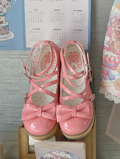 Crisscross Pink Accents Design Toe Round Platforms Rose Bow Sweet Polished Lolita -