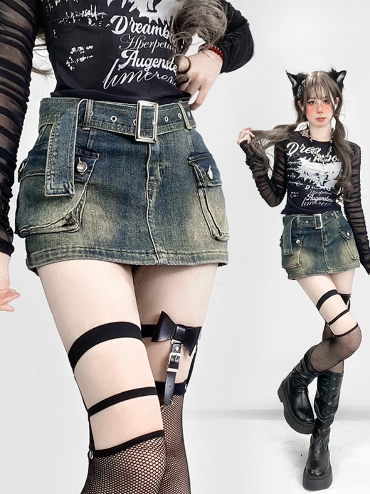 ヴィンテージ ダークブルー ダメージデニム グラマラス スカート カーゴポケット付き