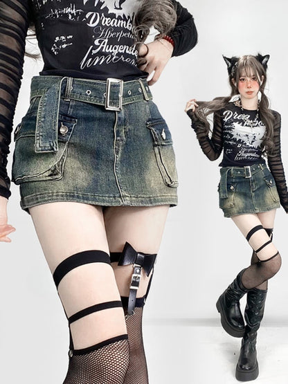 ヴィンテージ ダークブルー ダメージデニム グラマラス スカート カーゴポケット付き