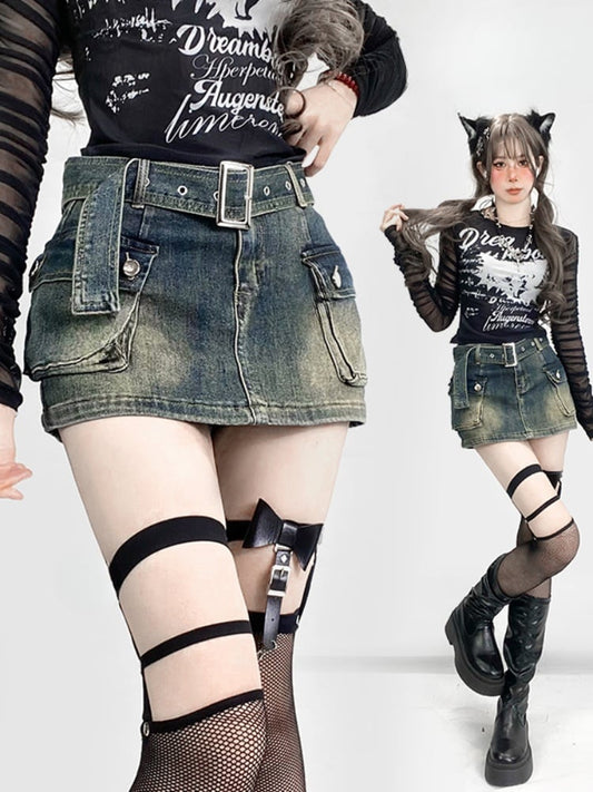 ヴィンテージ ダークブルー ダメージデニム グラマラス スカート カーゴポケット付き