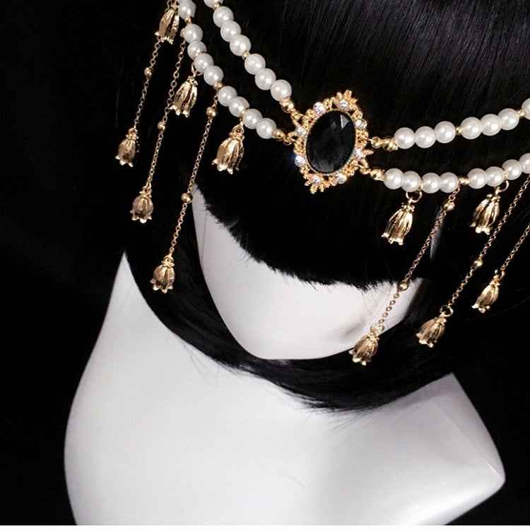 Rhinestone Bell and Center Flowers Tassels Headwear Golden with Beaded