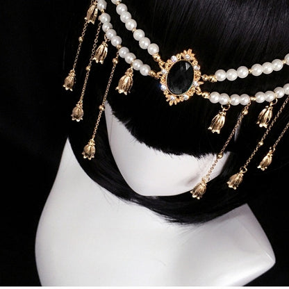 Rhinestone Bell and Center Flowers Tassels Headwear Golden with Beaded