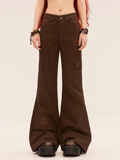 ローフレアパンツ ブラウン ウエストクロス ラインストーン ヴィンテージ