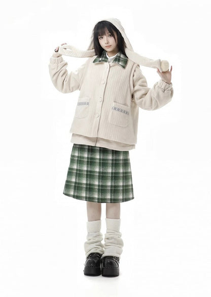 アプリコットホーンボタンデザインフリースコート+ポンポンスカーフ+ベスト