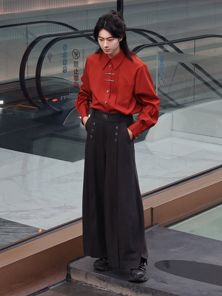 Curved Silhouette Wide-Leg Trousers in Black - Feng Hua Gui Guo Ling